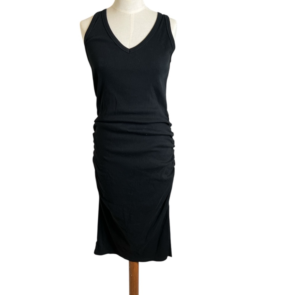 A New Day Black Bodycon Midi Dress – V-Neck, Side Ruching